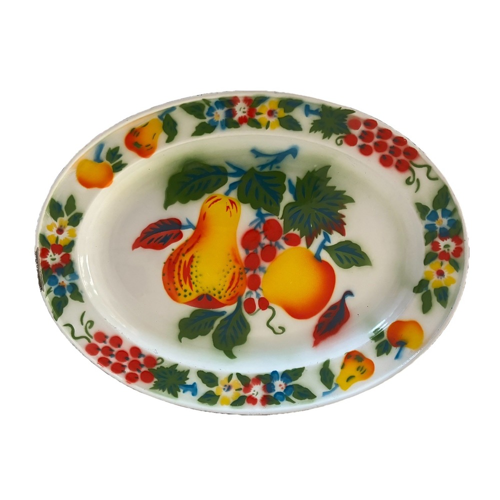 Enamelware Fruit Flowers Oval‎ Serving Tray Approx. 18x14" Platter Colorful Vtg